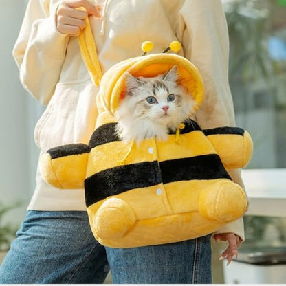 Cat Puppy Warm Carrier Backpack Cute Bear Bee Design Head Out Adjustable Hood Safety Clip for Cat Small Dog (bee,Large) - color: bee, size: Large