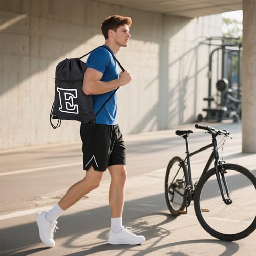 HOLYLUCK Drawstring Bags Initial Backpack Sackpack Cinch Bags for Sports, Gym, Travel, Beach (Black-E) - color: Black-e