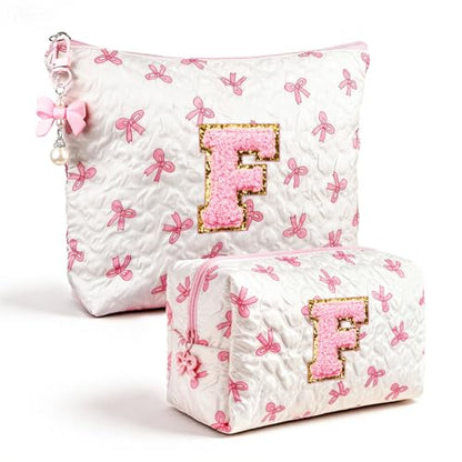 Initial Makeup Bag, Valentines Day Gifts for Women Teens Girls Birthday Gift Personalized Bow Cosmetic Bag, Quilted Cosmetic Travel Toiletry Pouch, Cute Makeup Organizer Teen Girl Gifts Trendy Stuff F - color: F