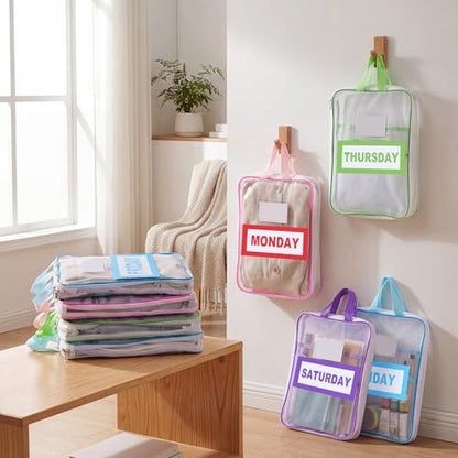 7 Pack Packing Cubes for Travel, Days of Week Outfit Organizers with Weekly Stickers, Mesh Bags for Camp Suitcase