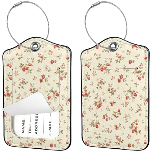 2 PCS Luggage Tags for Suitcases,Cute Strawberry Floral PU Leather Name Tag with Privacy Cover&ID Label Address Card and Durable Metal Ring Suitable for Men Women Travel Bag - color: Strawberry Floral