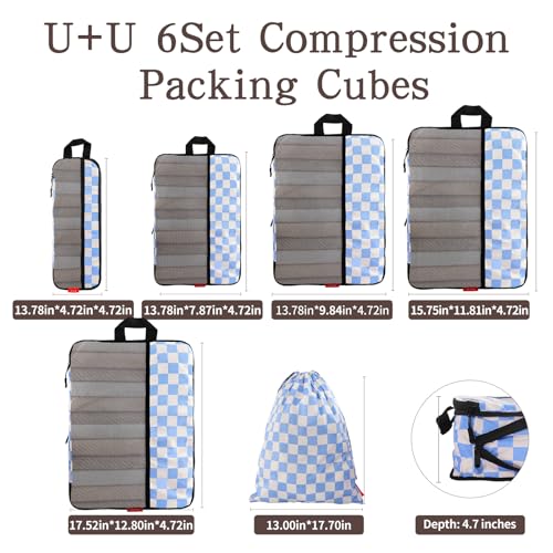 U+U 6 Set Compression Packing Cubes - Ultralight Travel Organizers with Laundry Bag, Space-Saving Suitcase Organizer for Travel, Business Trip and Family Vacation (Blue Checkered)