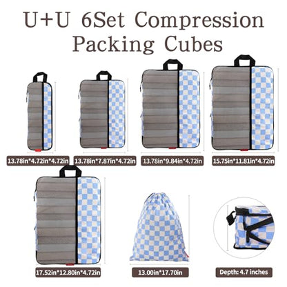 U+U 6 Set Compression Packing Cubes - Ultralight Travel Organizers with Laundry Bag, Space-Saving Suitcase Organizer for Travel, Business Trip and Family Vacation (Blue Checkered)