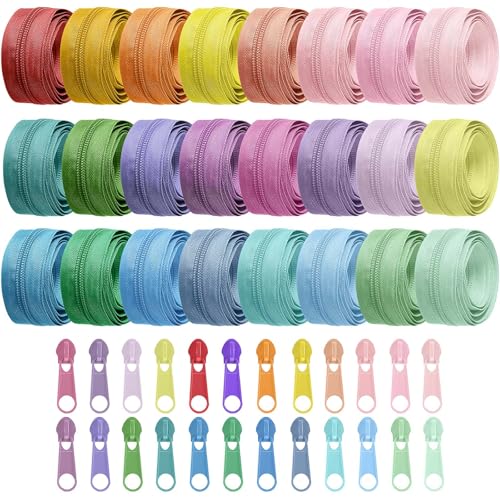 Syhood 24 Colors Zipper Repair Kit, #5 Nylon Coil Sewing Zippers Sewing Supplies Zipper Tape Zippers by the Yard with 96 Pcs Zip Pulls Sliders Purse Hardware for Bags Making(24yard,Macaron) - color: Macaron