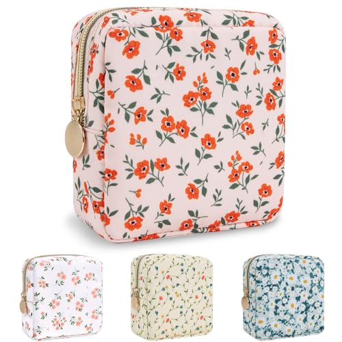 Nylon Mini Floral Makeup Bag for Purse, Small Cute Pink Makeup Bag Preppy Flower Cosmetic Zipper Pouch, Waterproof Travel Coin Pouch Sanitary Napkin Storage Bag Makeup Organizer for Women(Pink-Floral) - color: Pink-Floral, size: Mini
