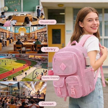 Mesh Backpack for Girls Boys, Heavy Duty Semi-Transparent Mesh Bookbag, Unisex, Pink, Large, Daypack Backpack, 21L, School, Sports, Beach, Travel - color: Pink