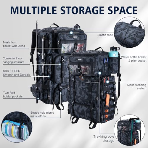 Goture Fishing Backpack with Cooler,72L Large 600D Tackle Backpack with Rod Holders,Dry & Wet Split Compartment,Adjustable Main Compartment,Rain Cover,Insulated Tactical Bag for Travel Camping Hiking - color: Camo (Only Bag, Without Tackle Box)