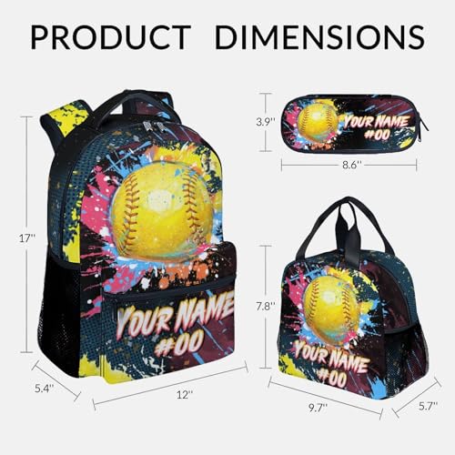 COZYAURA Custom Backpack Set - Softball Backpacks for Girls - Kids Bookbag for Elementary Middle School - Personalized School Bag with Lunch Box & Pencil Case - color: Style-4
