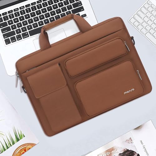 MOSISO Laptop Shoulder Bag 15.6 inch, 15-15.6 inch Computer Bag Compatible with MacBook Pro 16 inch, HP, Dell, Lenovo, Notebook with 2 Raised&1 Flapover&1 Horizontal Pocket&Handle&Belt, Caramel Brown - color: Caramel Brown, size: 16 inch