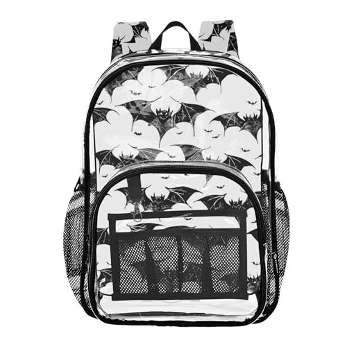 Halloween Black Bats Clear Backpack PVC Transparent Backpack Lightweight Book Bags Capacity Clear Bag for Boys Girls - color: White