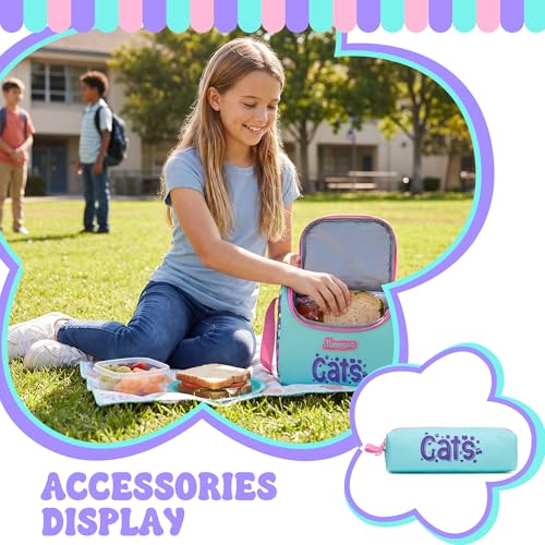 Girls School Backpack for Kids Ages 6-8,Backpack for Girls Cute Cat Lightweight Bookbag Perfect Back to School Gift for Kids with Lunch Box Pencil Case - color: Purple Blue Cat