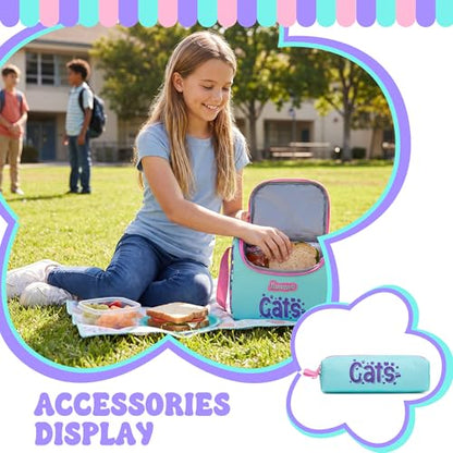 Girls School Backpack for Kids Ages 6-8,Backpack for Girls Cute Cat Lightweight Bookbag Perfect Back to School Gift for Kids with Lunch Box Pencil Case - color: Purple Blue Cat