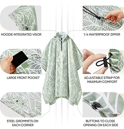 PTEROMY 3-in-1 Hooded Rain Poncho for Adult with Pocket, Waterproof Lightweight Unisex Raincoat for Hiking Camping Emergency - color: Antique Foliage 1/4 Zipper