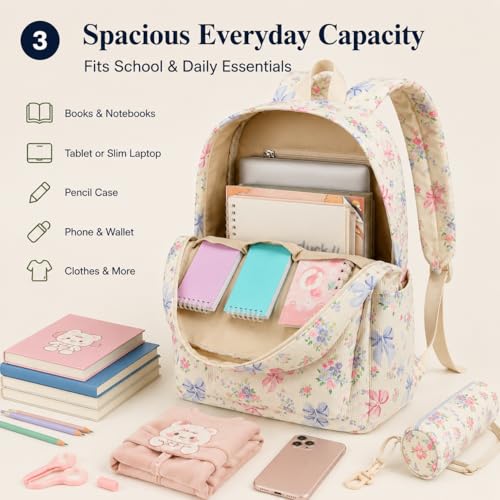 Bluboon School Backpack Set Girls Womens Laptop Bookbag Casual Daypack Fits 15 inch Laptop with Lunch Tote Bag and Pencil Bag - color: Pink Blue Bow 236 Beige