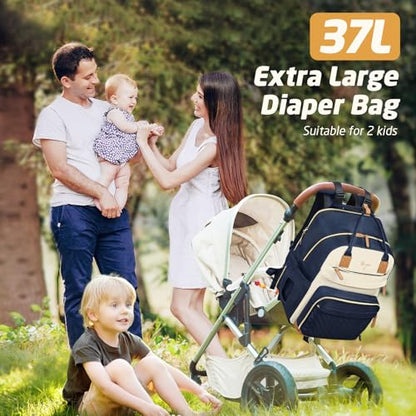 Diaper Bag Backpack - Extra Large Diaper Bag for 2 Kids Twin, Travel Baby Bags for Mom Dad 25-37L Expandable with Changing Pad Earphone Hole, Apricot Blue - color: Blue & Apricot