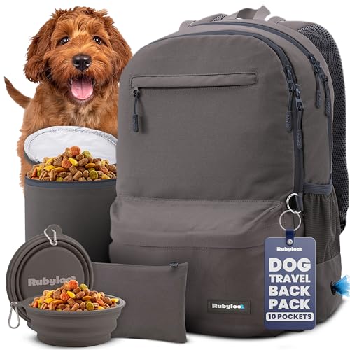 Dog Travel Bag for Supplies - Complete Dog Diaper Bag Backpack with 2 BPA-Free Travel Bowls, Treat Pouch, Food Container, Placemat & Laptop Sleeve – for Traveling, Road Trips, Hiking: Dk Grey - color: Dark Grey