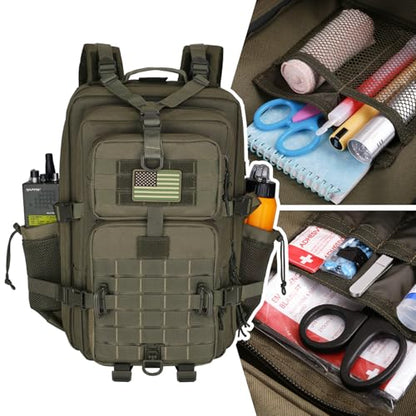 Hannibal Tactical 45L MOLLE Assault Backpack, Tactical Backpack Military Army Camping Rucksack with Bottle Holder, 3-Day Pack Trip w/USA Flag Patch, D-Rings, Olive - color: Olive, size: 45L