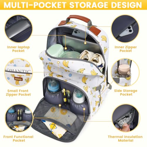 Diaper Bag Backpack, Large Baby Nappy Bags with Portable Changing Pad for Boys and GirlsMultifunction Travel Baby Bag for Moms Dads, Shower Gifts Waterproof and Stylish - color: Banana Party Beige
