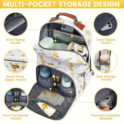 Diaper Bag Backpack, Large Baby Nappy Bags with Portable Changing Pad for Boys and GirlsMultifunction Travel Baby Bag for Moms Dads, Shower Gifts Waterproof and Stylish - color: Banana Party Beige