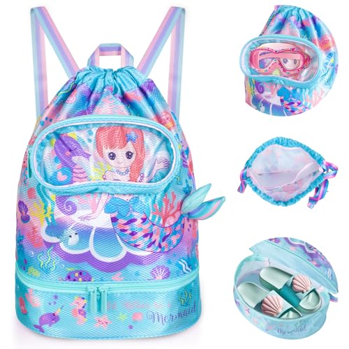 Drawstring Backpack for Kids Girls, Cute Cartoon Mermaid Waterproof Drawstring Bag String Swim Gym Sports Beach Bag with Shoes & Sunglasses Compartment and Wet Proof Pocket - color: J14. Mermaid