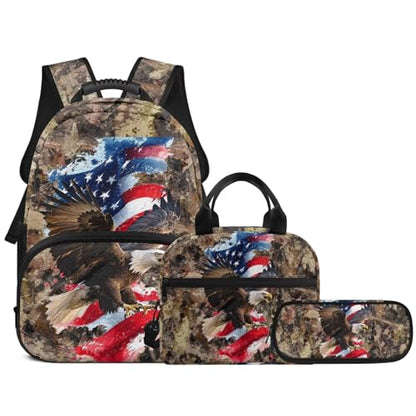 3 in 1 School Backpack, 3PCS Branches American Flag Eagle Kids Bookbag Set Large Capacity 17 Inch Student Backpack with Lunch Box and Pencil Case - color: Branches American Flag Eagle