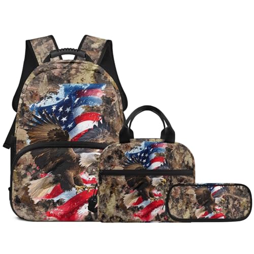 3 in 1 School Backpack, 3PCS Branches American Flag Eagle Kids Bookbag Set Large Capacity 17 Inch Student Backpack with Lunch Box and Pencil Case - color: Branches American Flag Eagle