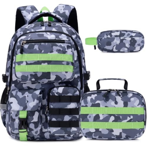 DIGOBAY Camo Backpack for Boys, Tactical Boys Backpack for School, Kids Backpack With Lunch Box Pencil Case USB Charging Port Military Army Book Bags for Boy Teens Kids Elementary Middle High School - color: Grey Camo With Green Accents