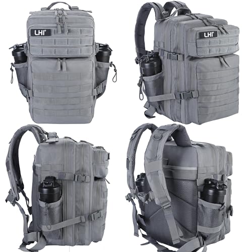 LHI Military Tactical Backpack for Men and Women 45L Army 3 Days Assault Pack Bag Large Rucksack with Molle System - Grey - color: Grey