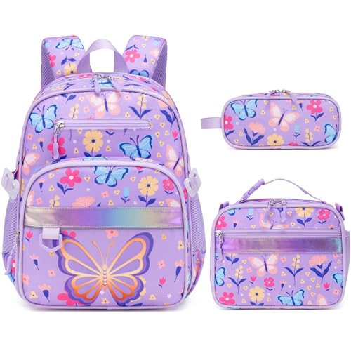 Toddler Backpack for Girls Ages 5-8, 3PCS Girls Backpack with Lunch Bag & Pencil Case - 15inch Kids School Bookbag for Preschool Kindergarten Elementary School (Purple Butterfly) - color: Purple Butterfly
