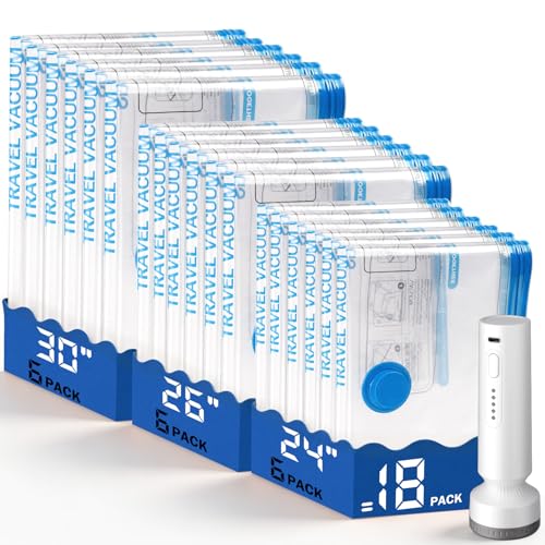 18 Pack Vacuum Storage Bags for Travel with Rechargeable Cordless Pump, Space Saver Bags for Clothes, Compression Packing Bags for Luggage and Suitcase, Blue - size: 18 Combo Size-Blue