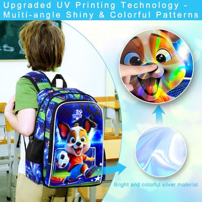 16" Dog Soccer Backpack Set for Boys 4-8, 3Pcs Kindergarten School Bag with Football Lunch Box & Pencil Case, Durable Bookbag (Blue) - color: Soccer Dog Blue