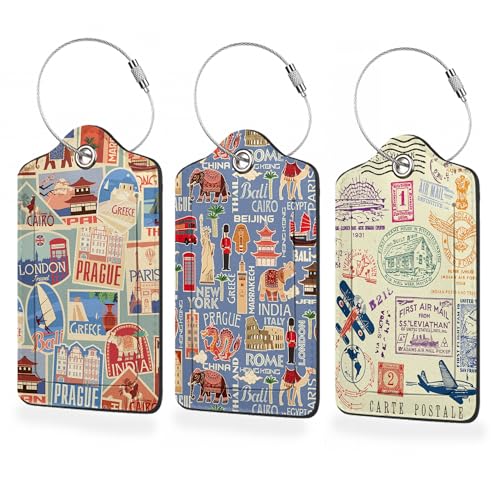 3 Pack Luggage Tags,Retro Travel Stickers PU Leather Luggage Tags for Suitcase,Name ID Labels with Privacy Cover Suitcases and Metal Loop for Travel Bag Suitcase - color: Retro Travel Stickers