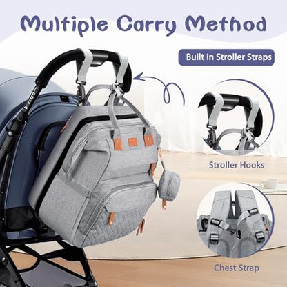 JOYCE Diaper Bag Backpack with Changing Pad, Water-Resistant, Grey | Portable changinag pad, insulated bottle pockets, stroller straps, pacifier case, Multi-Compartment storage - color: Grey