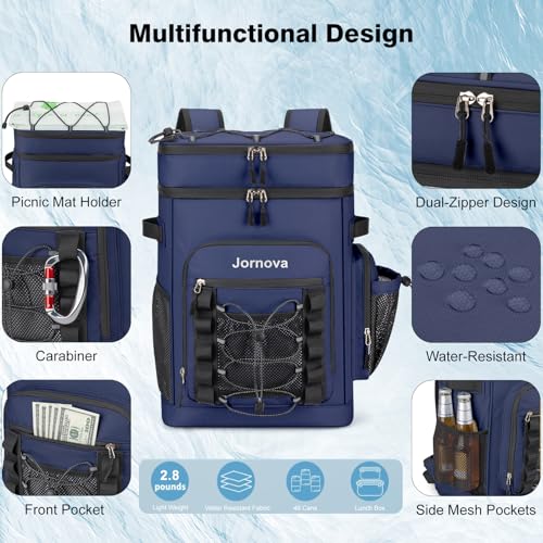 Insulated Cooler Backpack, 35L Leakproof Backpack with Double Compartments for Men & Women, Large Lunch Cooler for Camping, Beach, Travel, Picnic, Up to 48 Cans - color: Blue