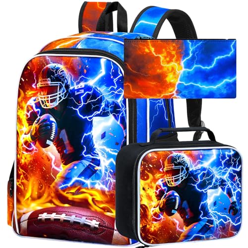 AGSDON 3PCS Boys Backpack for Boys, 17" Kids Bookbag with Lunch Box for Boy,Rugby Flame Thunder Backpacks Water Resistant and Lightweight for Teen - color: Rugby 01