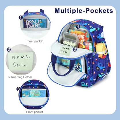 Bluboon Toddler Backpack for Girls Boys 2-4 Cute 12" Preschool Kindergarten Backpacks Kids Daycare Bags School Travel (Engineering vehicle - Royal blue, Age 2-4 (12" H not Fit A4 Folder)) - color: Engineering Vehicle - Royal Blue, size: Age 2-4 (12" H not