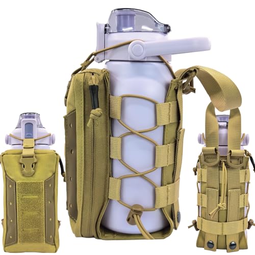 Molle Water Bottle Holder Pouch, 16-77 oz Adjustable Capacity Tactical Bottle Bag, Compatible with Backpack, Vest, Belt for Outdoor Activities - color: Brown, style: Enhanced