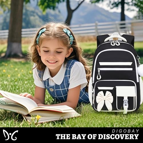 DIGOBAY Backpack for Girls, 3PCS Girls Backpack for School with Lunch Bag Pencil Case, Cute Kids Teens Bookbag for Kindergarten Elementary Preschool Middle School - color: Black-white