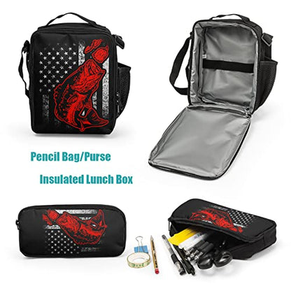 Giwawa Bass Fishing Lure Teens School Backpack Set American Flag Canvas Girls Boys School Bags Travel Bookbags 3 in 1 - color: Fishing Flag-1