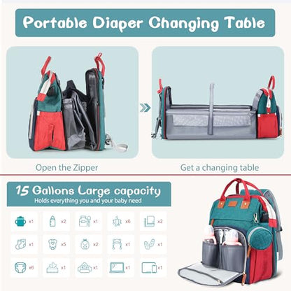 JOYCE Diaper Bag Backpack with Changing Pad, Water-Resistant, Blue-Green | Portable changinag pad, insulated bottle pockets, stroller straps, pacifier case, Multi-Compartment storage - color: Blue-green
