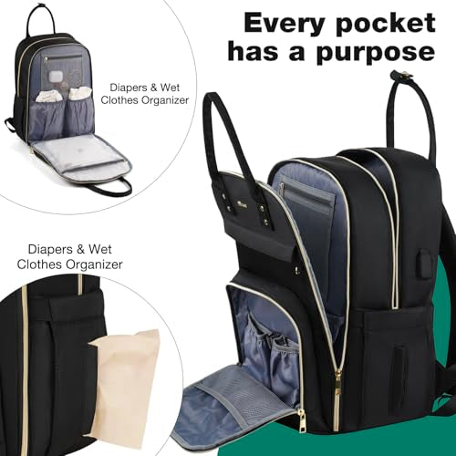 MOMUVO Diaper Bag Backpack, Quilted Baby Bag with Changing Pad and Stroller Straps, Dark Black - color: Dark Black