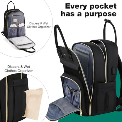 MOMUVO Diaper Bag Backpack, Quilted Baby Bag with Changing Pad and Stroller Straps, Dark Black - color: Dark Black