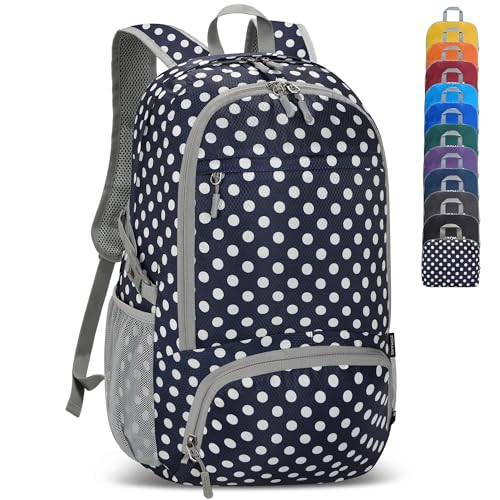 ZOMAKE Lightweight Packable Backpack 30L, Foldable Hiking Backpacks Water Resistant Compact Folding Daypack for Travel(Navy Blue,White polka dots) - color: Navy Blue,white Polka Dots