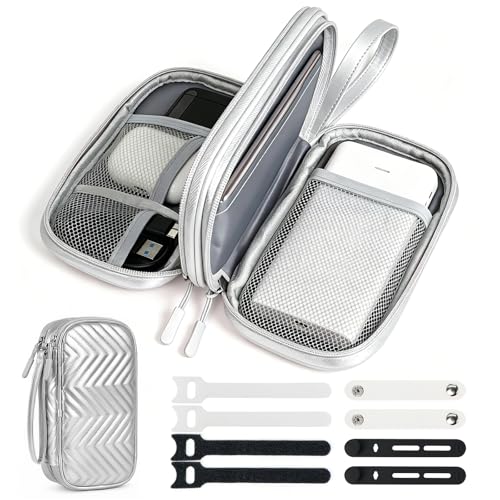 Travel Essentials Electronics Organizer, Double Layers Cable Organizer Bag for 3ft+ Cords, Waterproof PU Leather Tech Pouch for Charger, Phone & Airplane Gadgets, Silver Gray - color: Silver Gray, size: Small