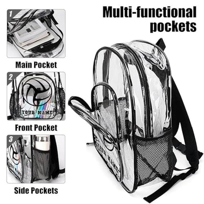 Custom Volleyball Clear Backpack Heavy Duty for Girls Kids Boys | Large Cool PVC Volleyball Theme Printing Transparent Backpacks for Schools Stadium Concerts Work - Clear/Black - color: Volleyball Clear Backpack 3 Black With Front Pocket Custom