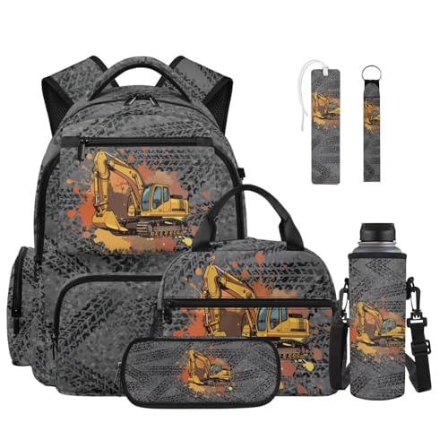 Talayituse Grey Excavator Geometric Print Backpacks Set 17.7 Inch School Bag College Backpack with Insulated Lunch Box and Pencil Case Travel Daypack Large Bookbags for Teens Boys, Set of 6 - color: Grey Excavator Geometric