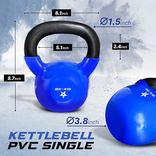 Yes4All Kettlebell, 5-100 LB Vinyl Coated Cast Iron Strength Training Kettlebells for Home Gym Exercises, Fitness, Full Body Workout Equipment, Push Ups, and Grip Strength - color: H. 40LB - Dark Blue, style: Vinyl Coated