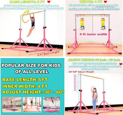 Marfula Gymnastic Bar For Kid and Teenage of 3-25, 5Ft/8 FT Base Length 4Ft Width 5Ft Adjust Height, Gymnastic Kip Bar For Gymnast, Gymnastic Training Equipment For Professional Training Home Club Use - color: Pink(5 Ft Base)