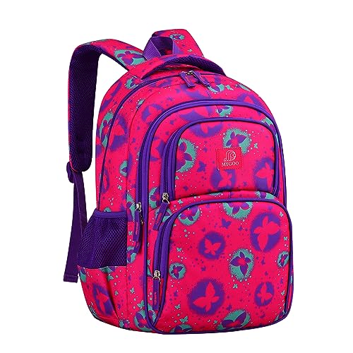 MYGOO Girls School Backpack Campus Butterfly Magenta Bookbag for Elementary Middle School Ages 5-12, 17 inch Large Capacity 24L Kids Student Travel Bags - color: Campus Butterfly Magenta