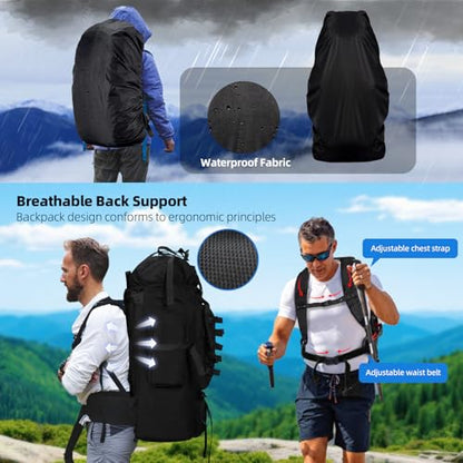 70L Camping Hiking Backpack with Rain Cover, Waterproof Molle Rucksack for Men, Backpacking Backpack for Trekking Climbing Outdoor